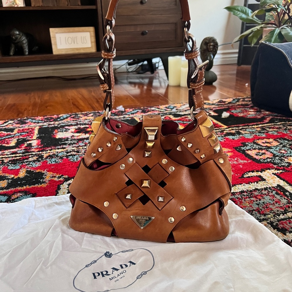 Vintage Y2K Prada Leather studded shoulder bag.